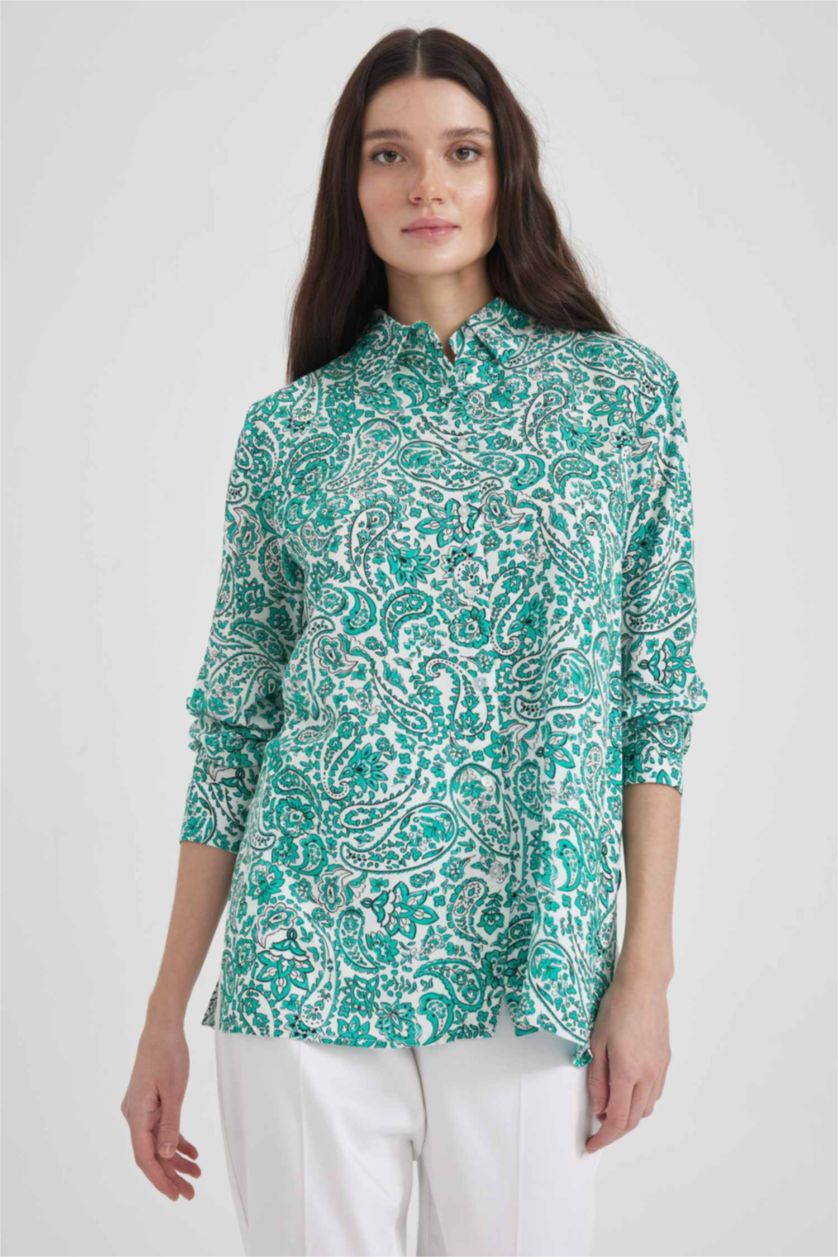 WOMAN Light Green Traditional Shirt Collar Long Sleeve Tunic