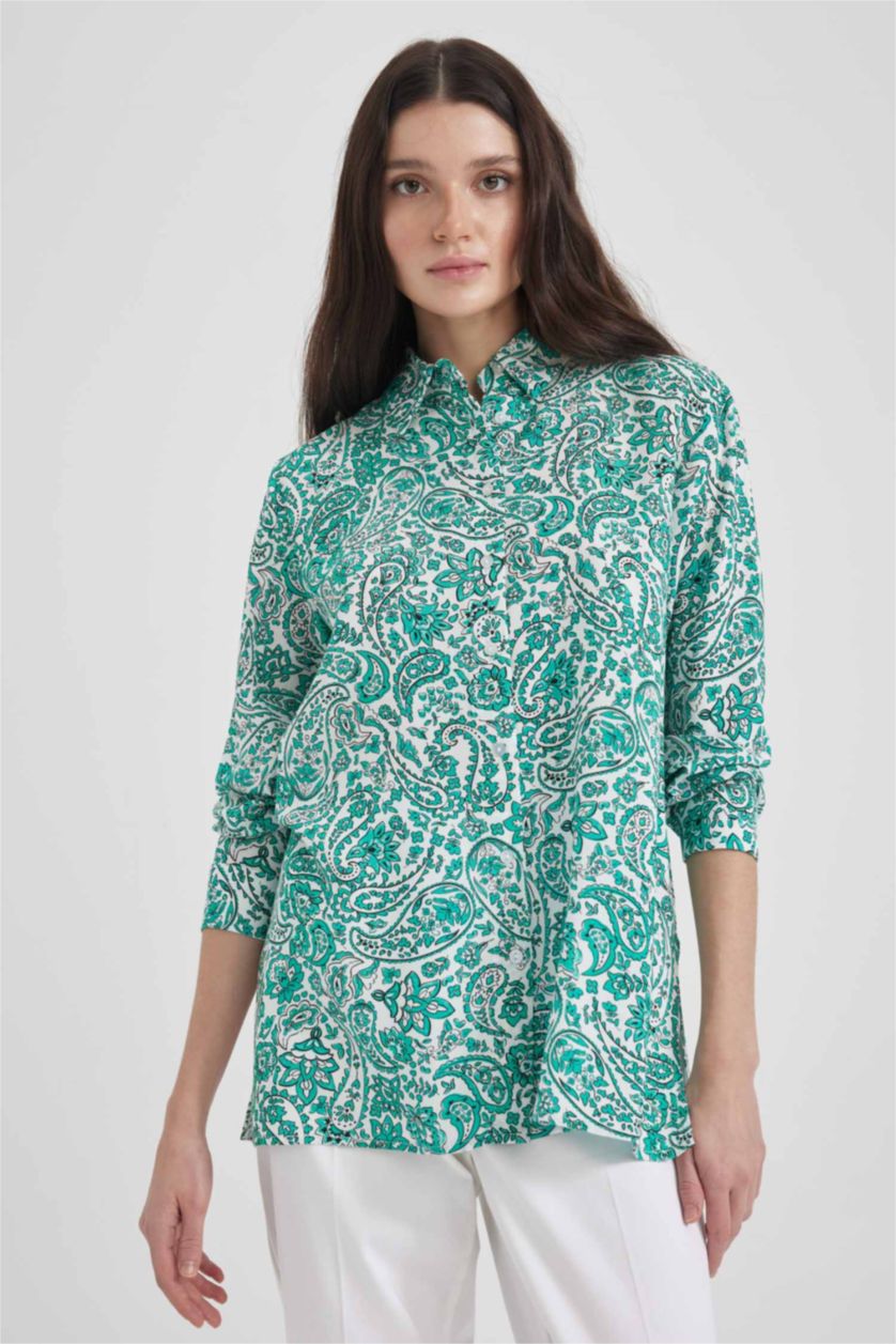 WOMAN Light Green Traditional Shirt Collar Long Sleeve Tunic