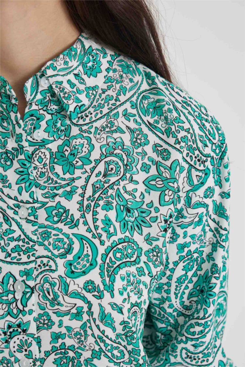 WOMAN Light Green Traditional Shirt Collar Long Sleeve Tunic