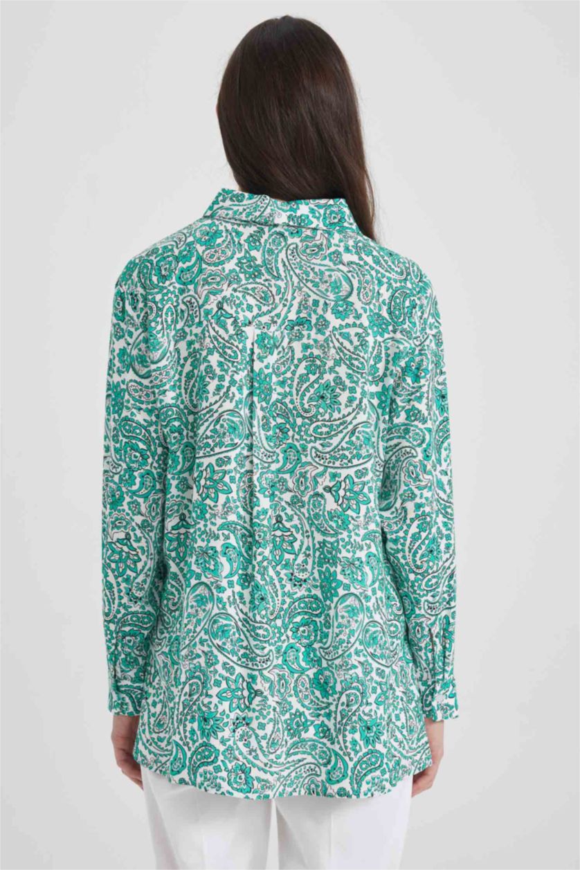 WOMAN Light Green Traditional Shirt Collar Long Sleeve Tunic