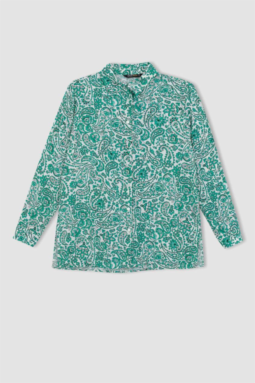 WOMAN Light Green Traditional Shirt Collar Long Sleeve Tunic