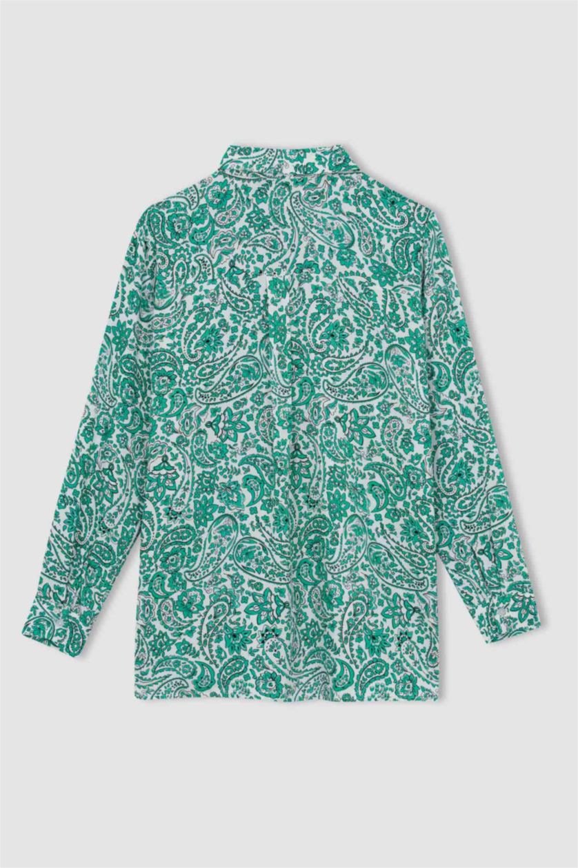 WOMAN Light Green Traditional Shirt Collar Long Sleeve Tunic