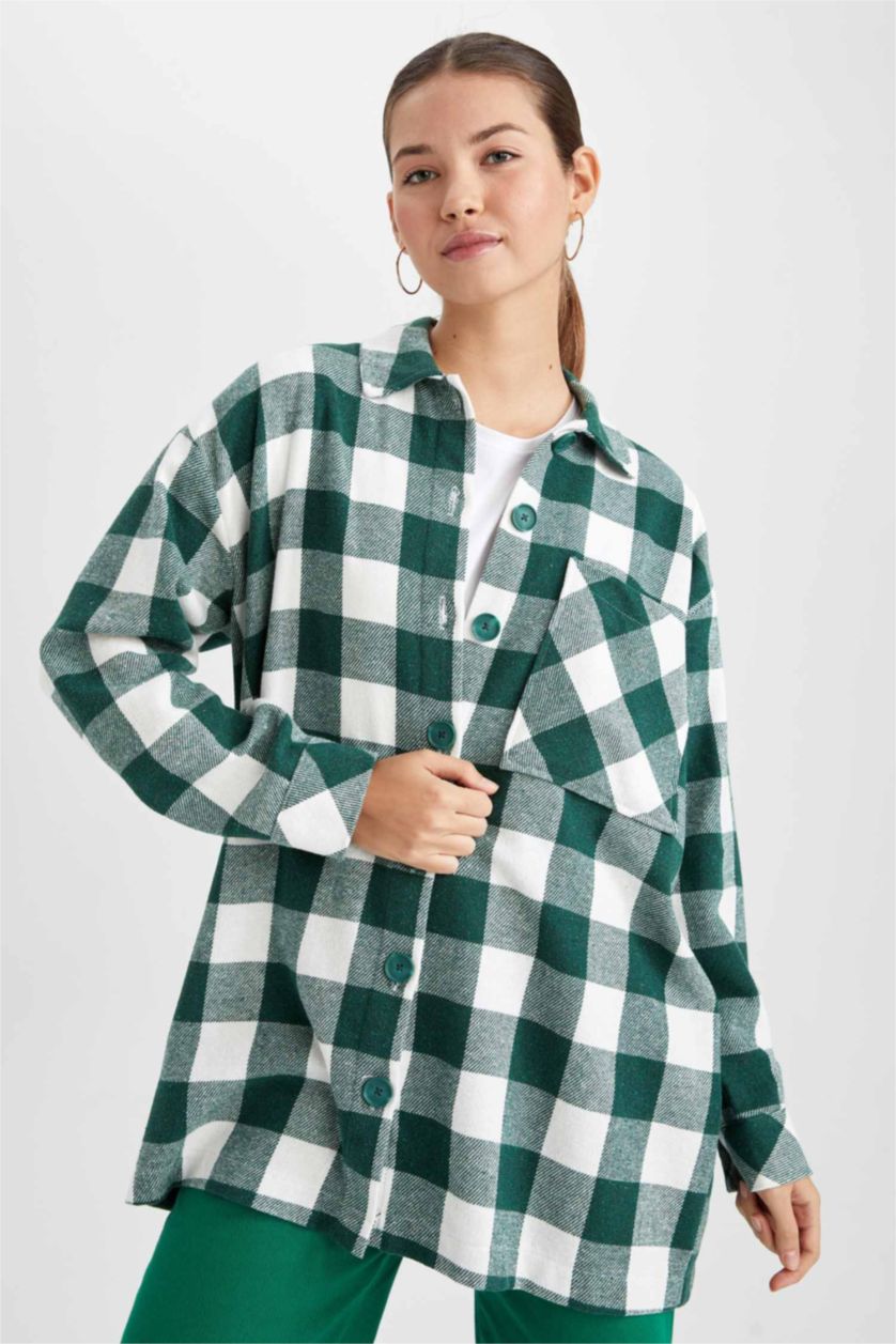 FEMME Vert Tunique À Manches Longues Flanelle Coupe décontractée Carreaux Col De Chemise