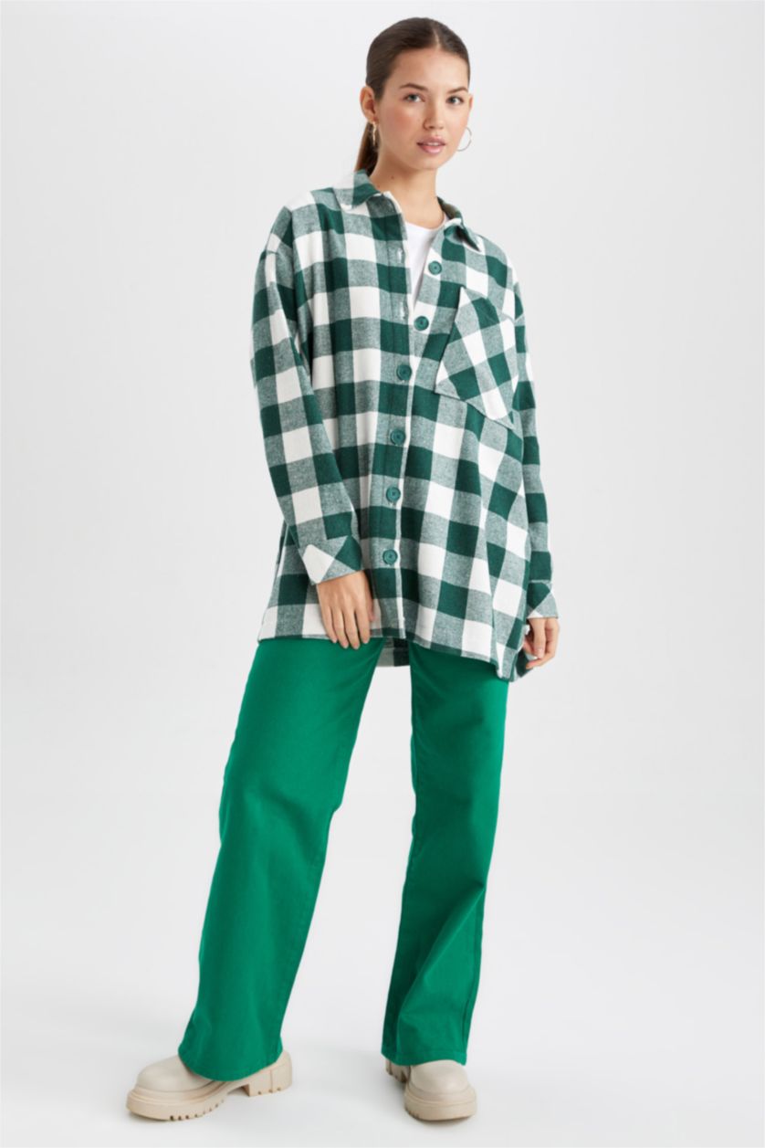 FEMME Vert Tunique À Manches Longues Flanelle Coupe décontractée Carreaux Col De Chemise