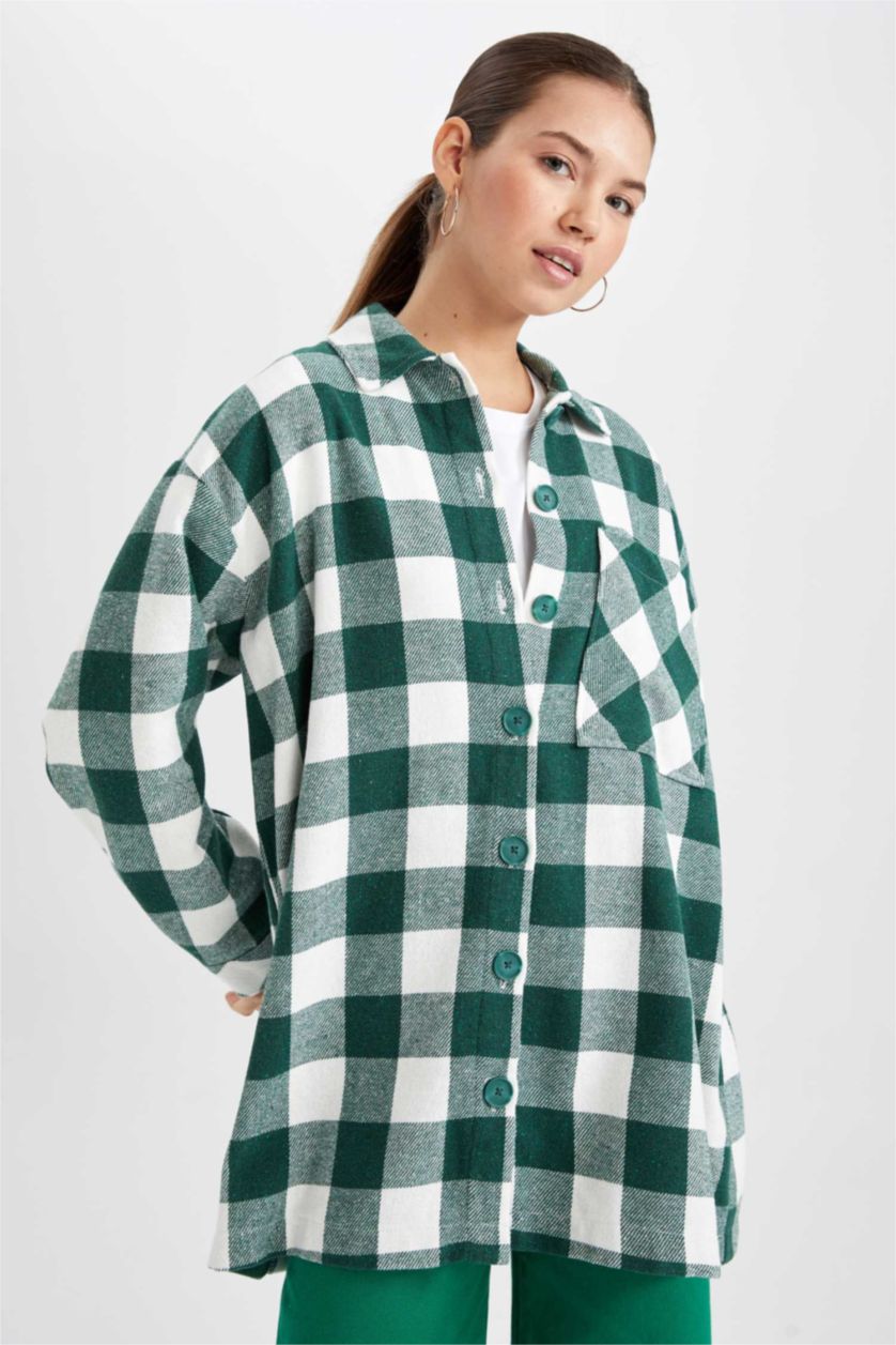 FEMME Vert Tunique À Manches Longues Flanelle Coupe décontractée Carreaux Col De Chemise