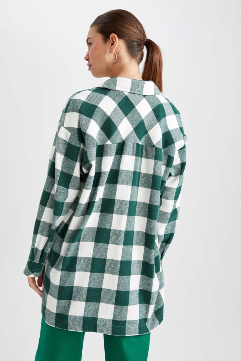 FEMME Vert Tunique À Manches Longues Flanelle Coupe décontractée Carreaux Col De Chemise