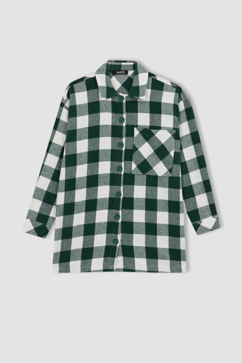 FEMME Vert Tunique À Manches Longues Flanelle Coupe décontractée Carreaux Col De Chemise