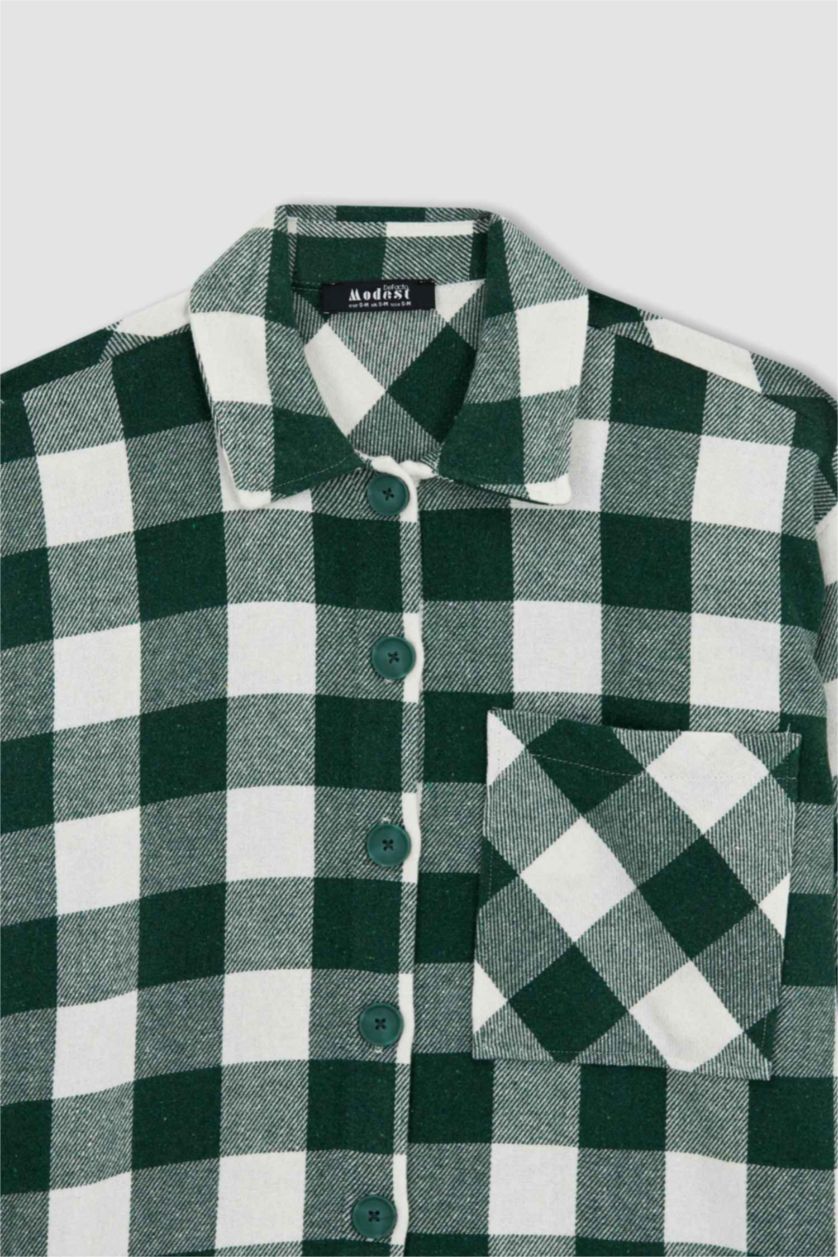 FEMME Vert Tunique À Manches Longues Flanelle Coupe décontractée Carreaux Col De Chemise