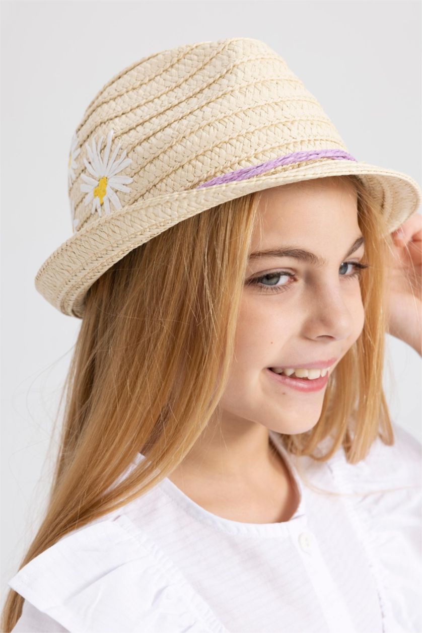 FILLES Beige Chapeau de Paille Brodé pour Fille