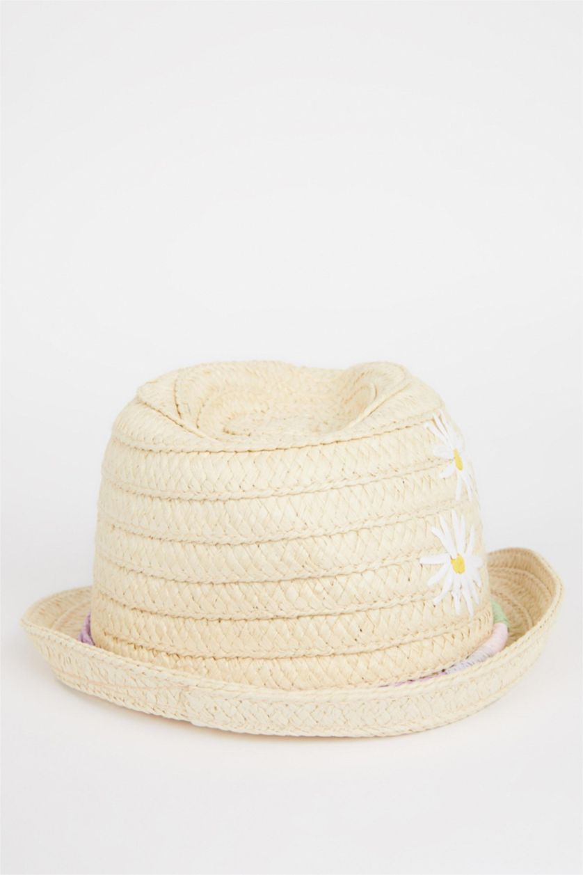 FILLES Beige Chapeau de Paille Brodé pour Fille
