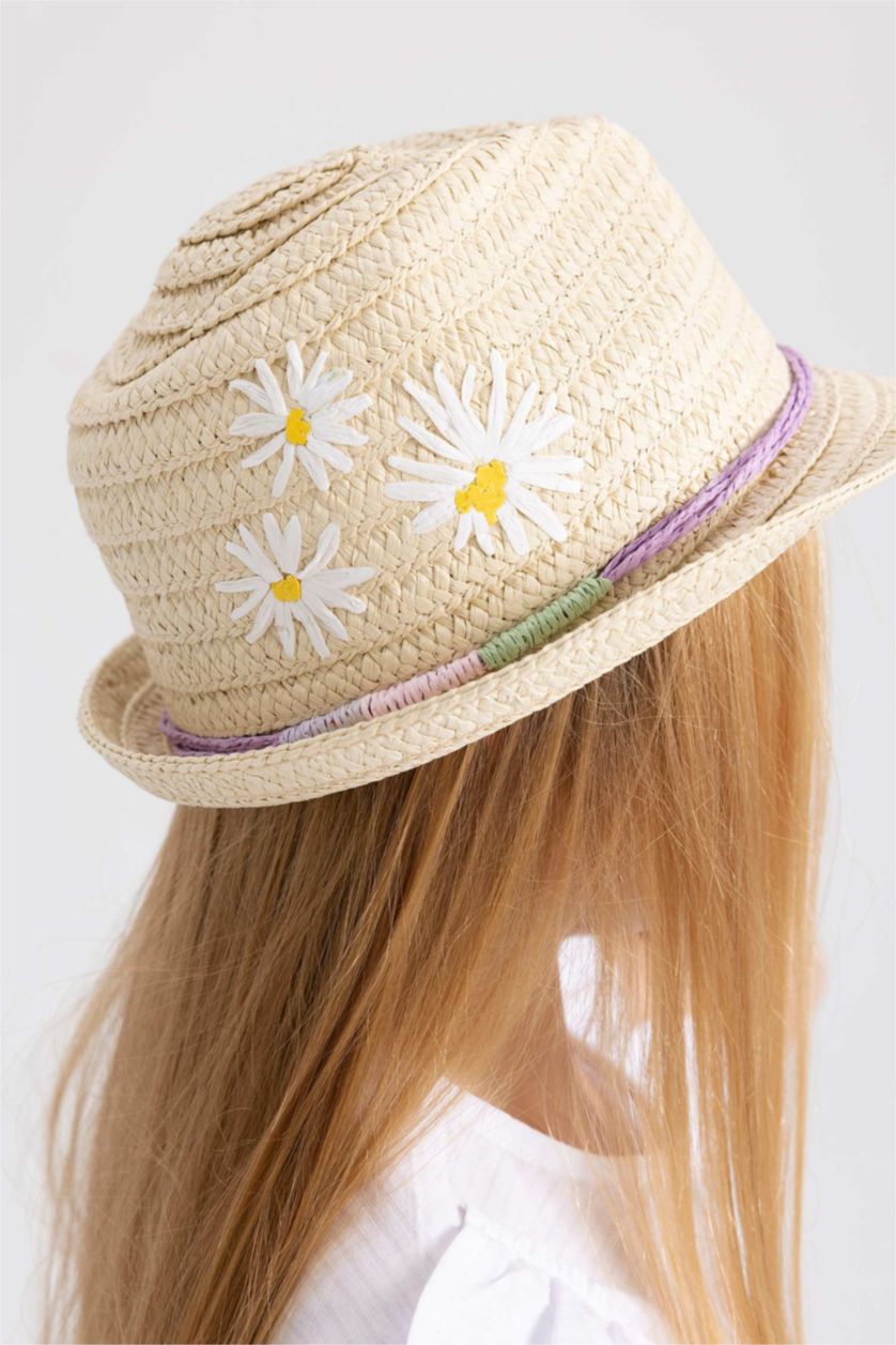 FILLES Beige Chapeau de Paille Brodé pour Fille