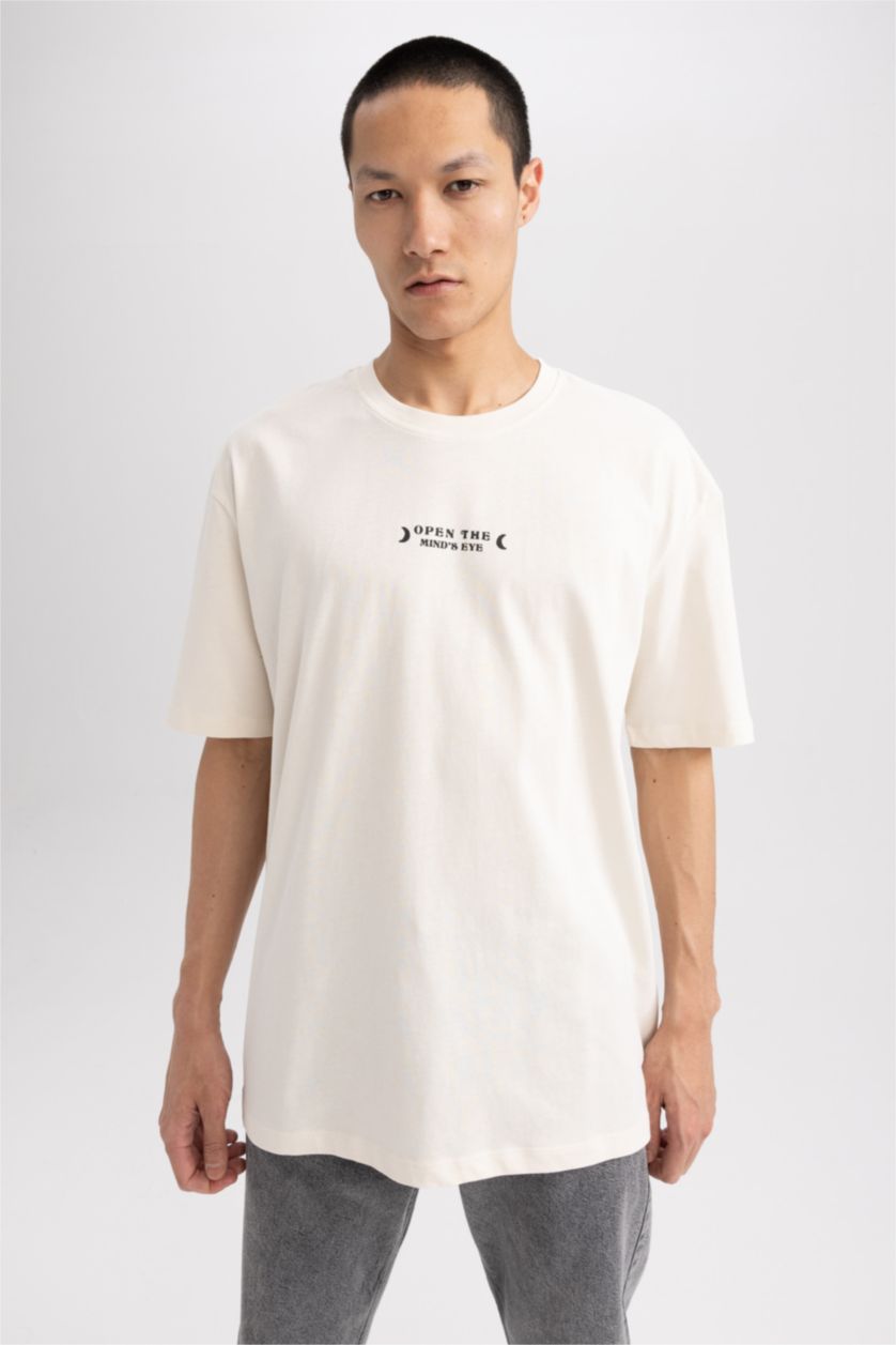 HOMME Beige T-shirt Oversize imprimé à col rond en coton