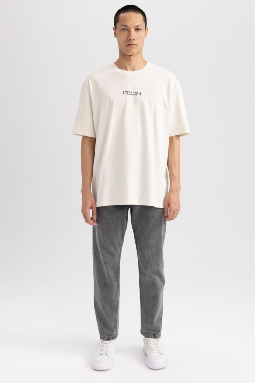 HOMME Beige T-shirt Oversize imprimé à col rond en coton