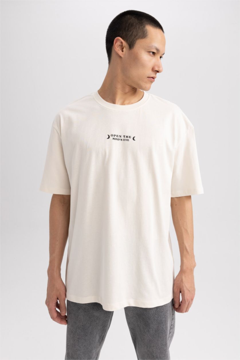 HOMME Beige T-shirt Oversize imprimé à col rond en coton