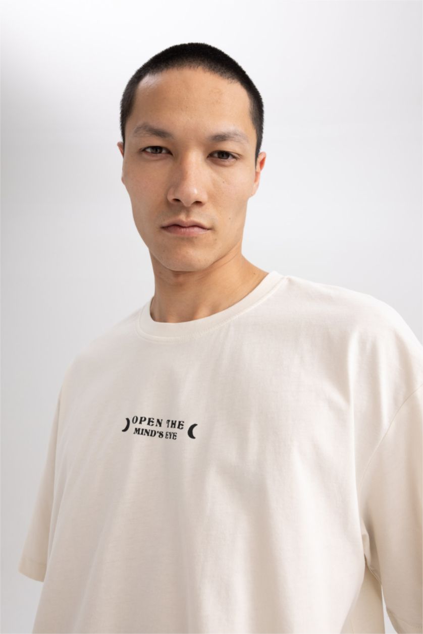 HOMME Beige T-shirt Oversize imprimé à col rond en coton