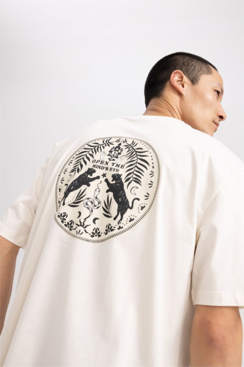 HOMME Beige T-shirt Oversize imprimé à col rond en coton