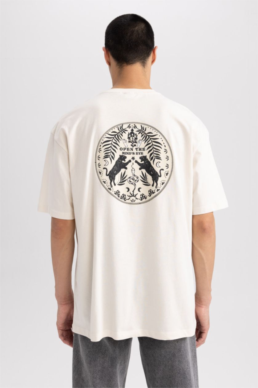 HOMME Beige T-shirt Oversize imprimé à col rond en coton