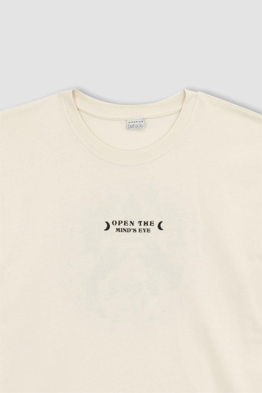 HOMME Beige T-shirt Oversize imprimé à col rond en coton