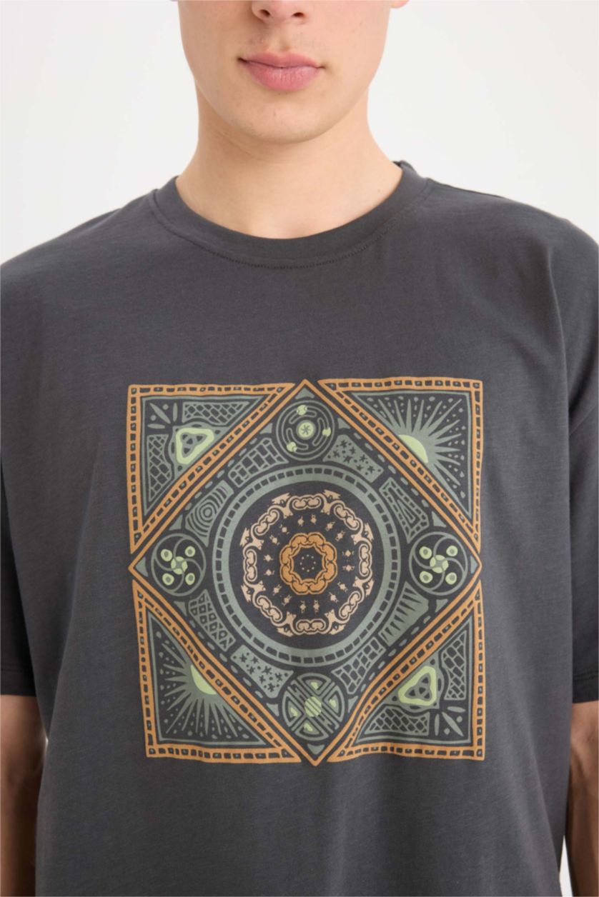 Erkek Antrasit %100 Pamuk Relax Fit Bisiklet Yaka Baskılı Kısa Kollu Tişört