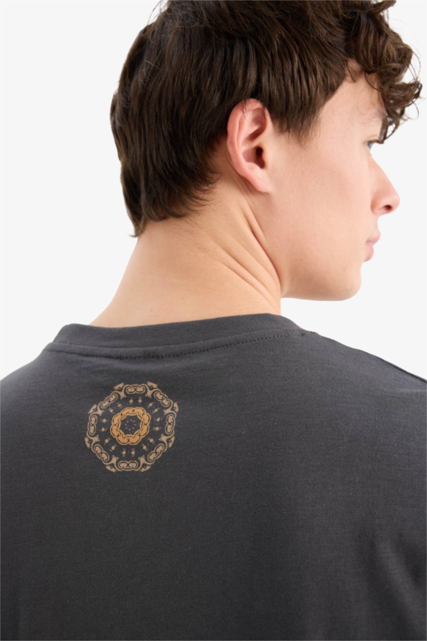 Erkek Antrasit %100 Pamuk Relax Fit Bisiklet Yaka Baskılı Kısa Kollu Tişört