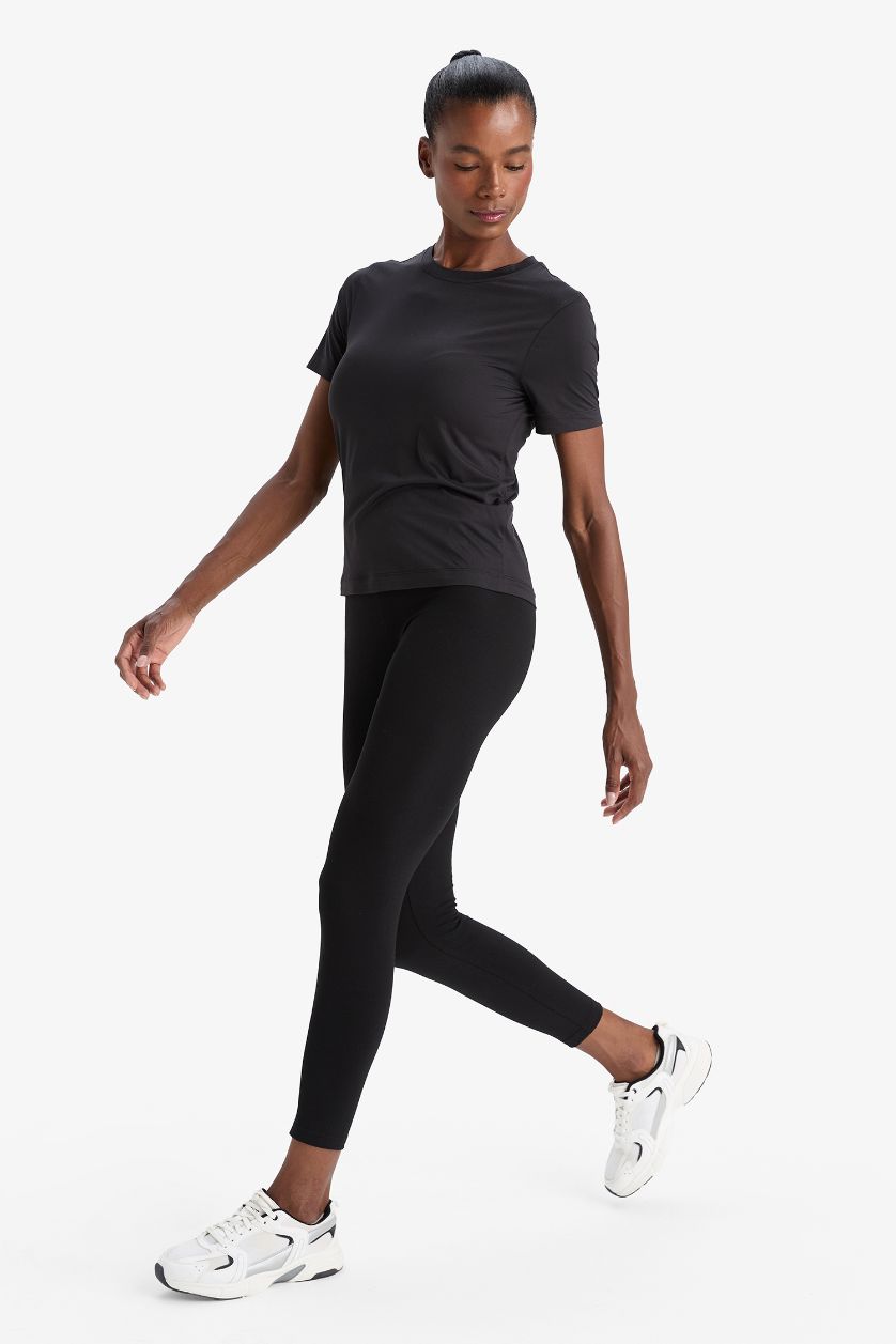 Kadın Siyah Yüksek Bel Beli Saran Pamuklu Basic Düz Sporcu Tayt