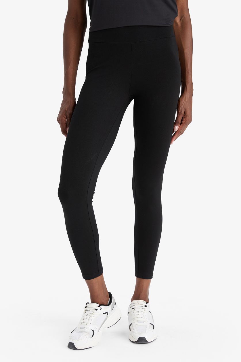 Kadın Siyah Yüksek Bel Beli Saran Pamuklu Basic Düz Sporcu Tayt