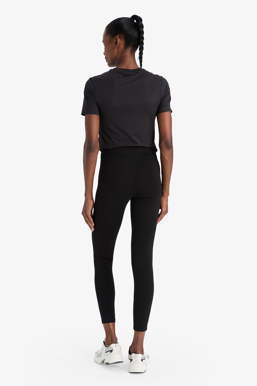 Kadın Siyah Yüksek Bel Beli Saran Pamuklu Basic Düz Sporcu Tayt