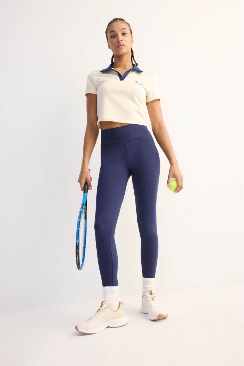 Kadın Lacivert Yüksek Bel Beli Saran Pamuklu Basic Düz Sporcu Tayt