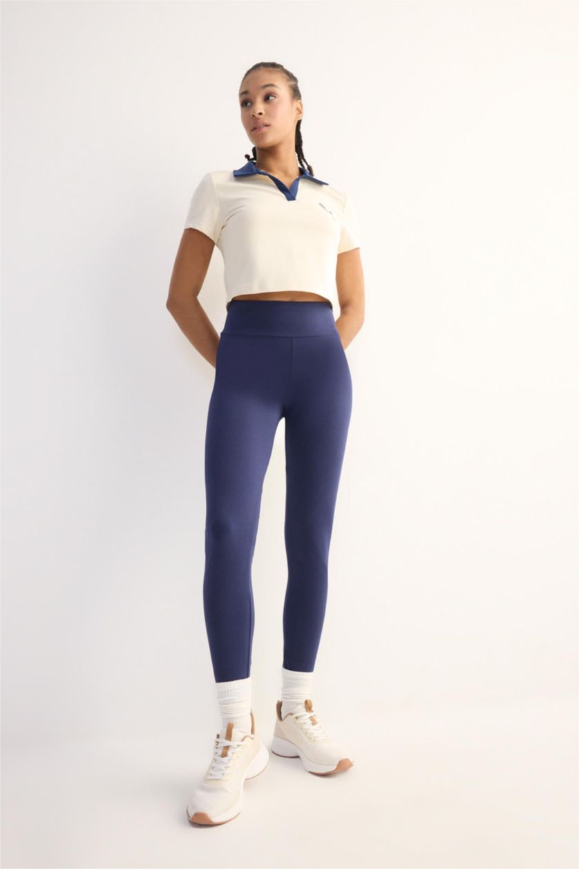 Kadın Lacivert Yüksek Bel Beli Saran Pamuklu Basic Düz Sporcu Tayt