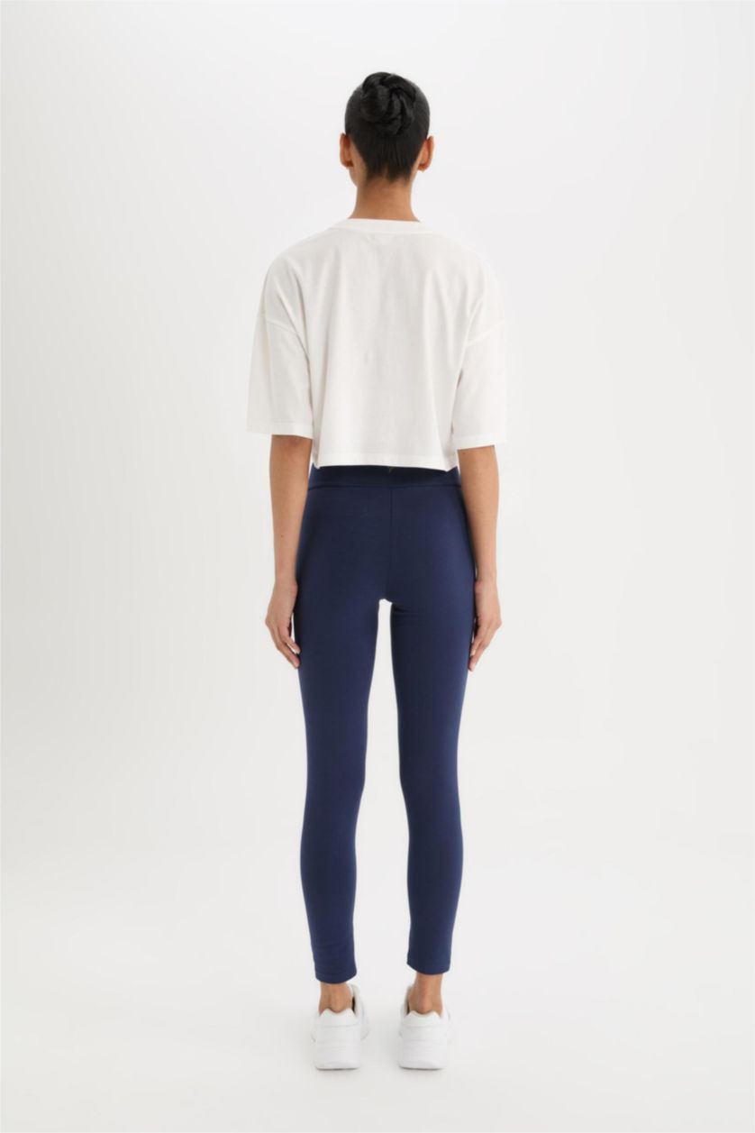 Kadın Lacivert Yüksek Bel Beli Saran Pamuklu Basic Düz Sporcu Tayt