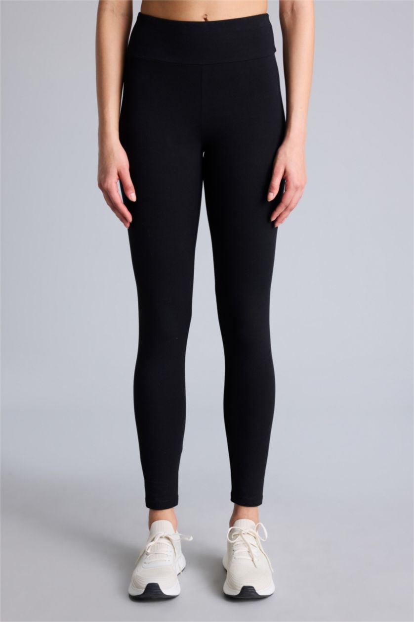 Kadın Siyah Beli Saran Pamuklu Sporcu Tayt