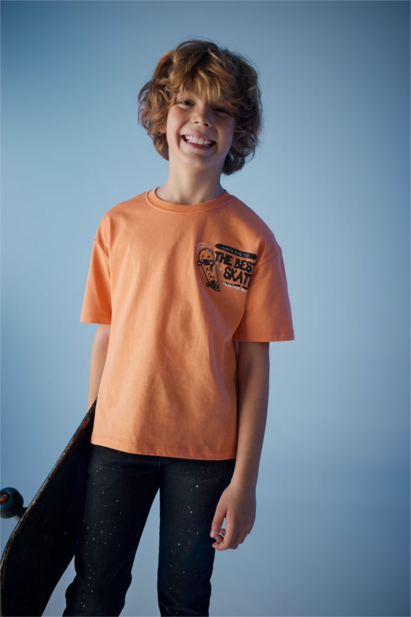 BOYS & TEENS Orange Boy Oversize Fit Crew Neck Printed Short Sleeve T-Shirt