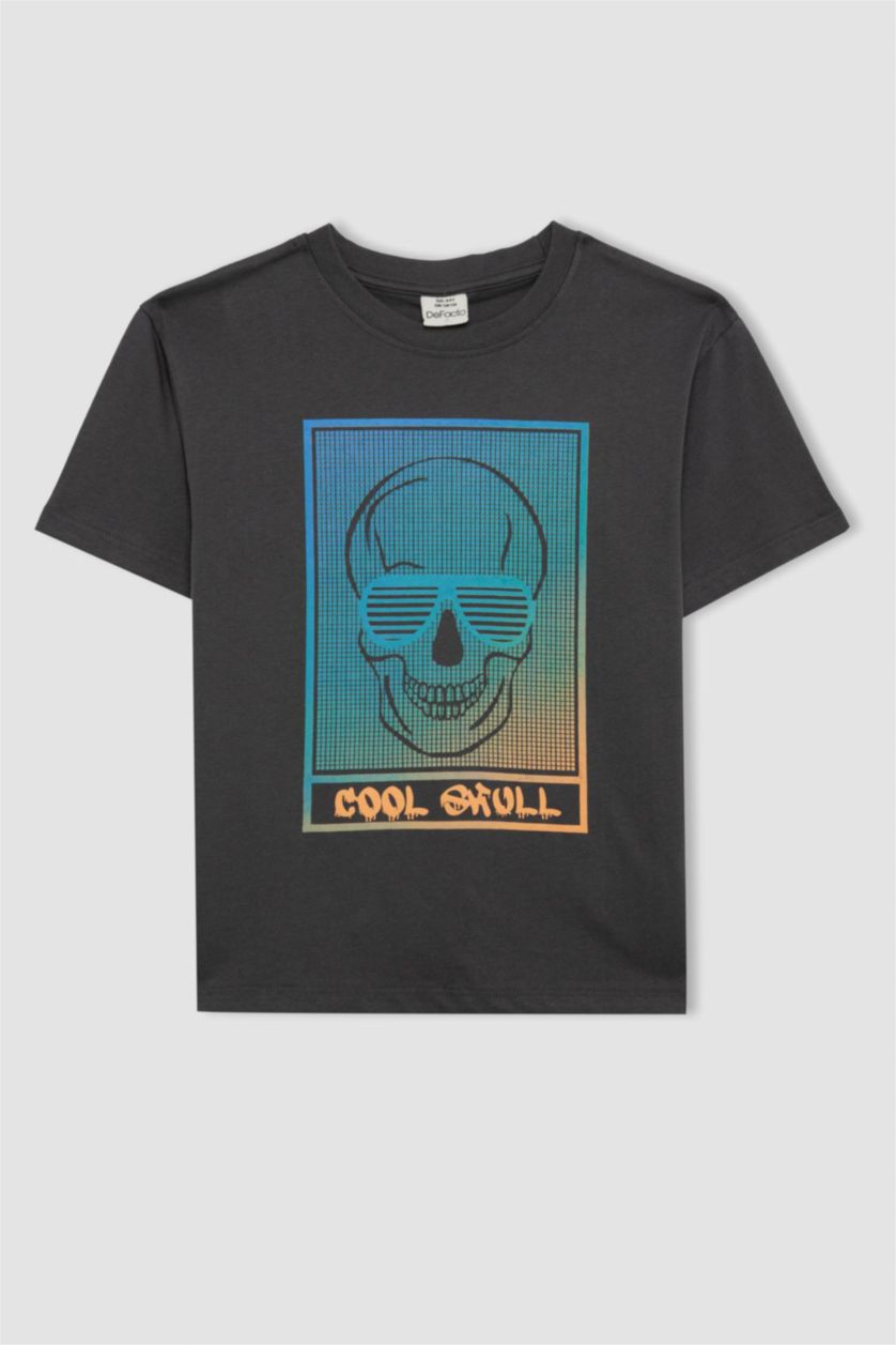 Erkek Çocuk - Genç Erkek Antrasit Bisiklet Yaka Degrade Baskılı Kısa Kollu Tişört Erkek Çocuk