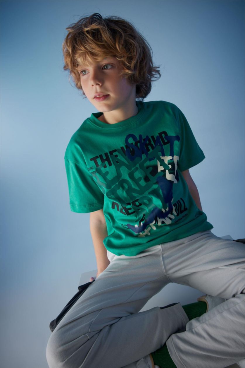 BOYS & TEENS Green Boy Oversize Fit Crew Neck Printed Short Sleeve T-Shirt