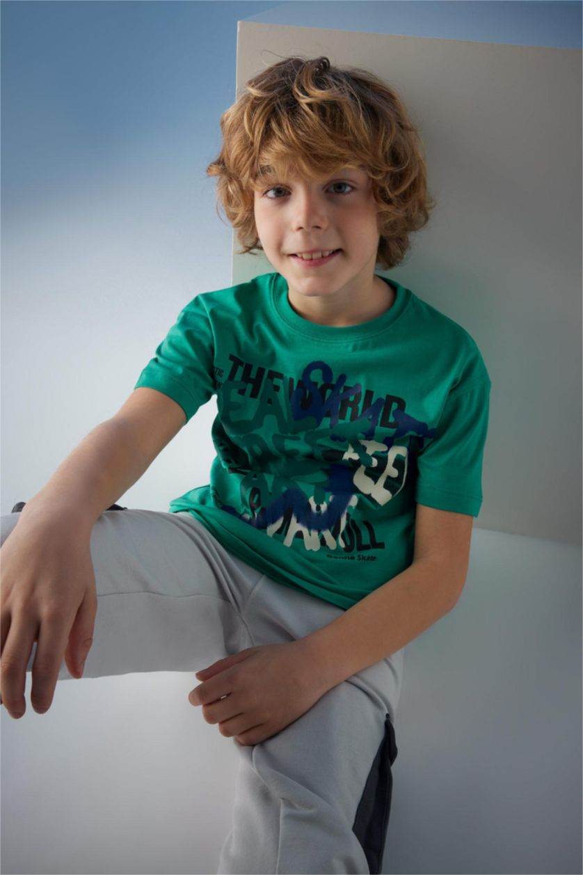 BOYS & TEENS Green Boy Oversize Fit Crew Neck Printed Short Sleeve T-Shirt