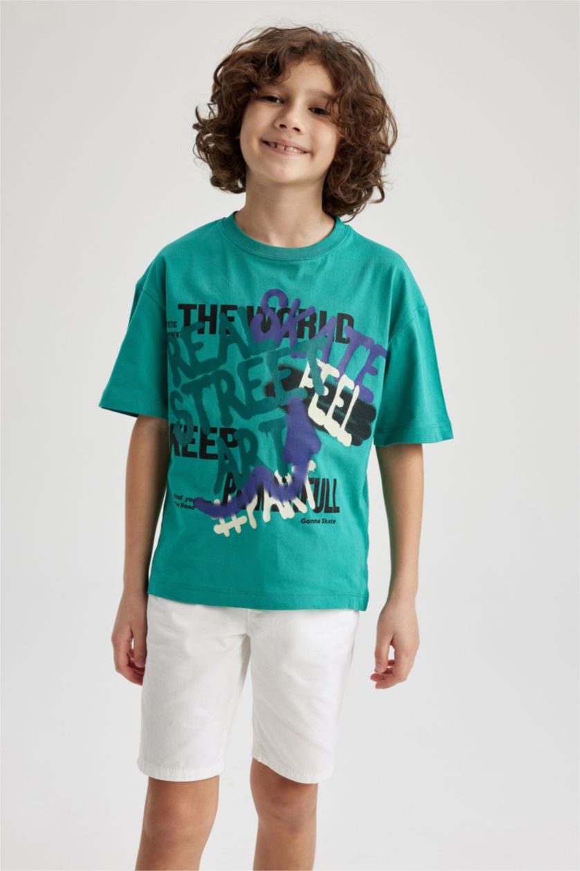 BOYS & TEENS Green Boy Oversize Fit Crew Neck Printed Short Sleeve T-Shirt