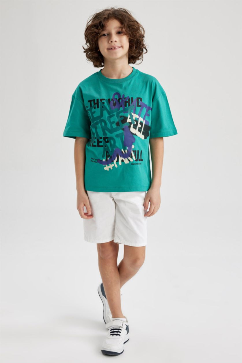 BOYS & TEENS Green Boy Oversize Fit Crew Neck Printed Short Sleeve T-Shirt