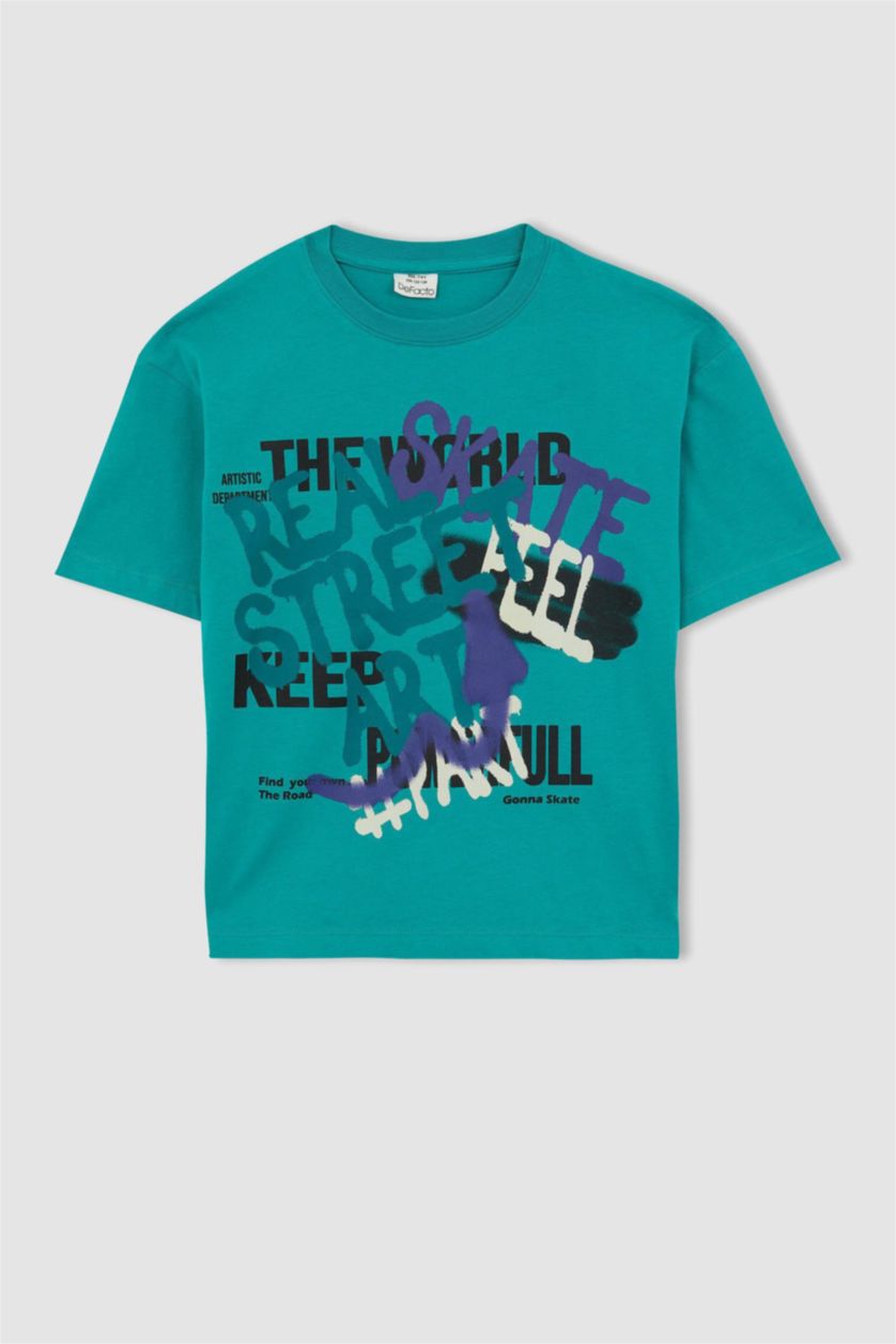 BOYS & TEENS Green Boy Oversize Fit Crew Neck Printed Short Sleeve T-Shirt