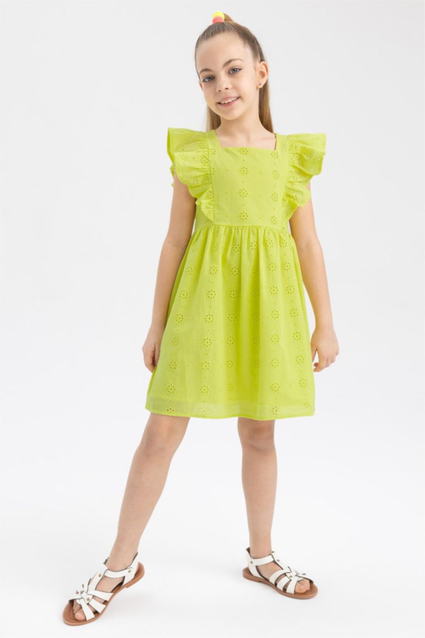 FILLES Vert Clair Robe Brodée Coupe Classique