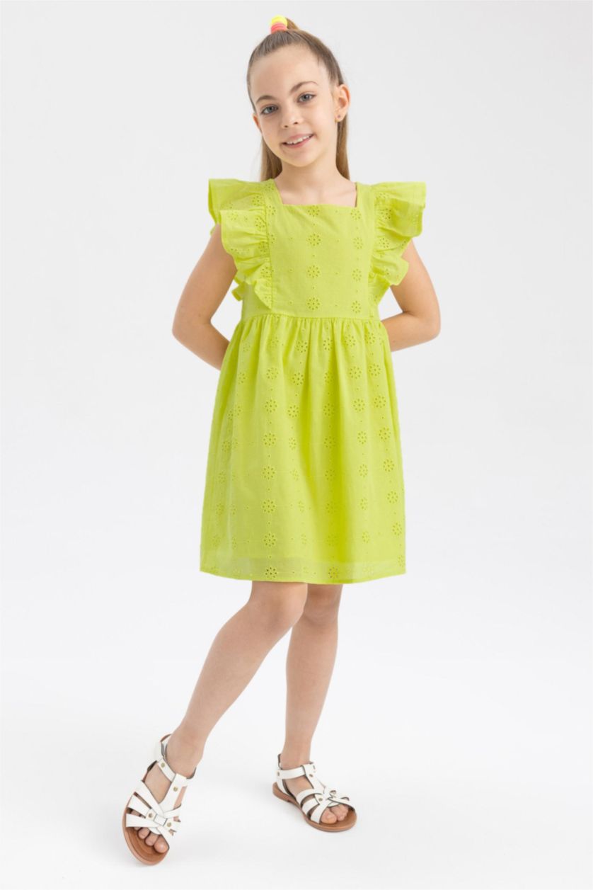 FILLES Vert Clair Robe Brodée Coupe Classique