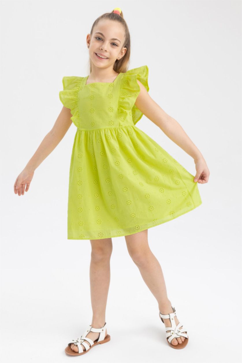 FILLES Vert Clair Robe Brodée Coupe Classique