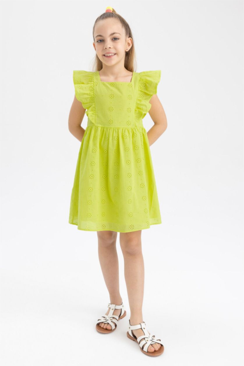 FILLES Vert Clair Robe Brodée Coupe Classique