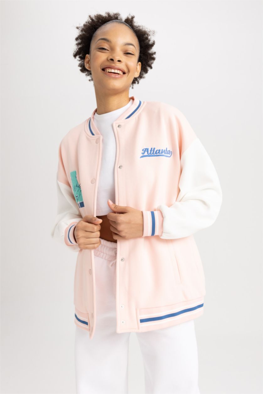 WOMAN Pink Thick Sweatshirt Fabric Cardigan