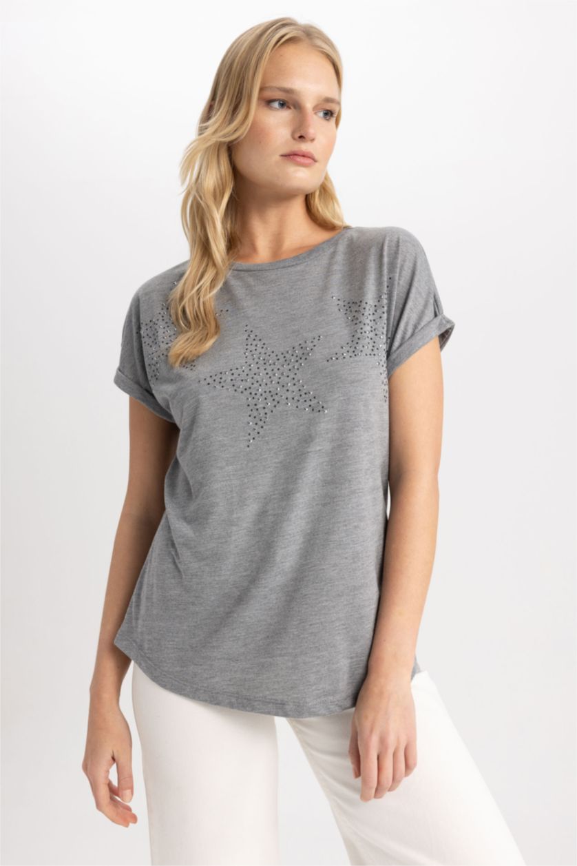 Kadın Antrasit Melanj Kısa Kollu Tişört