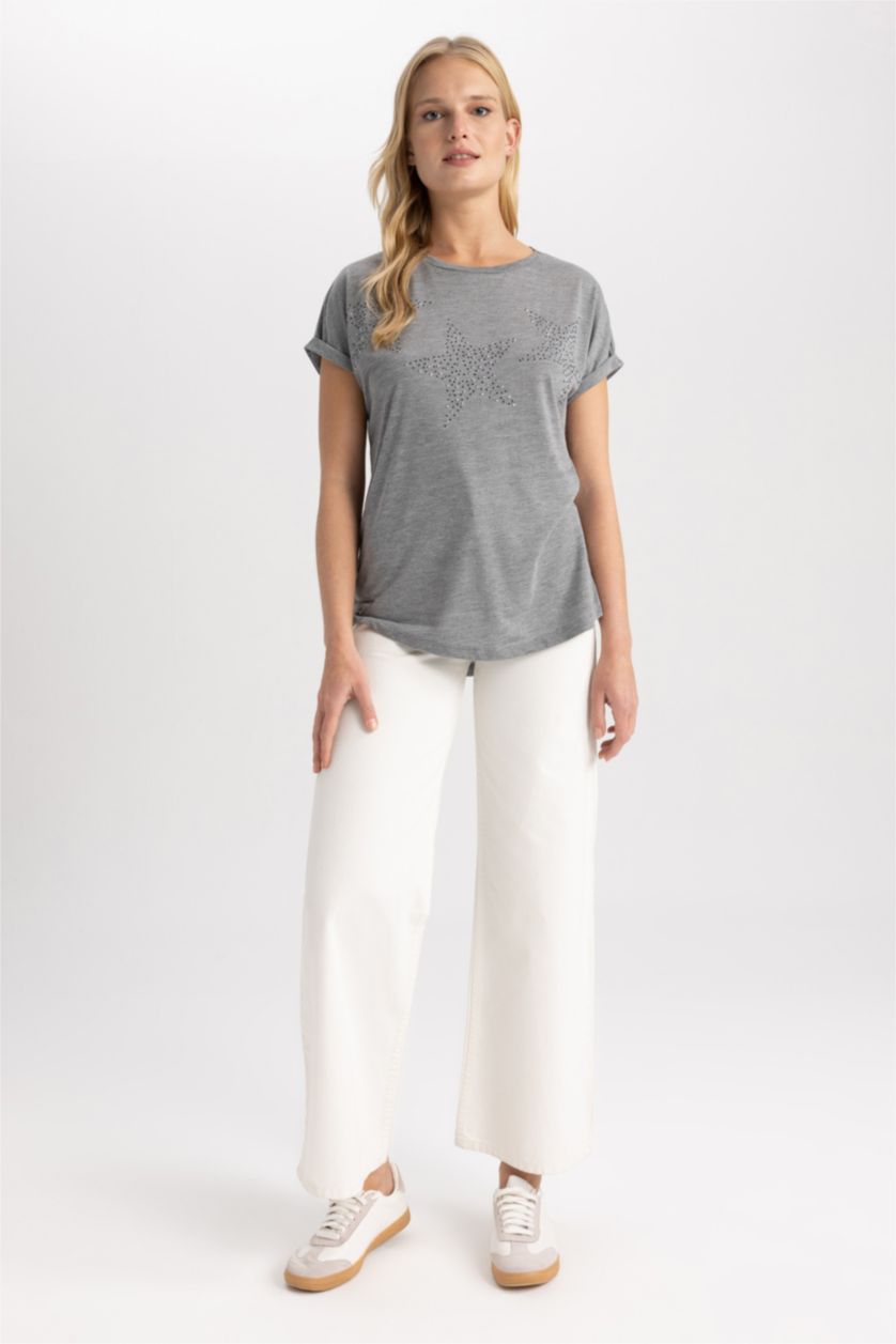 Kadın Antrasit Melanj Kısa Kollu Tişört