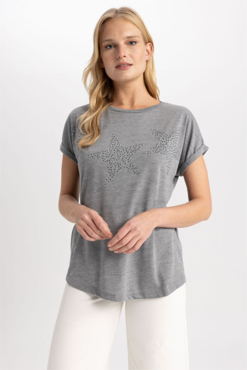 Kadın Antrasit Melanj Kısa Kollu Tişört