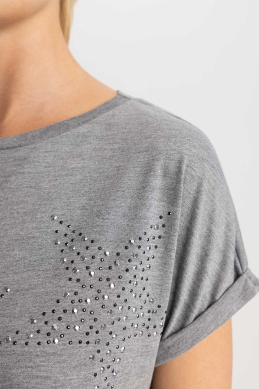 Kadın Antrasit Melanj Kısa Kollu Tişört