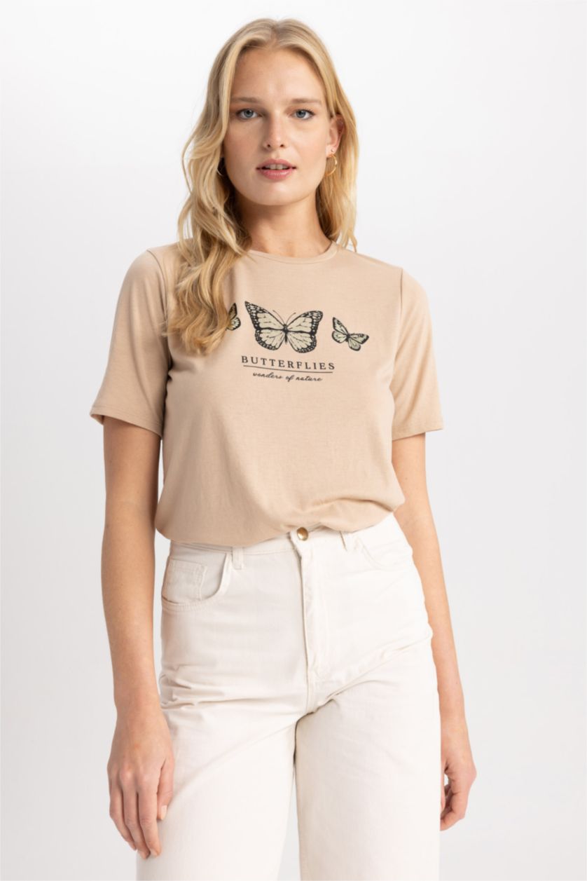 WOMAN Light Vison Traditional Regular Fit Crew Neck Butterfly Pattern Short Sleeve T-Shirt