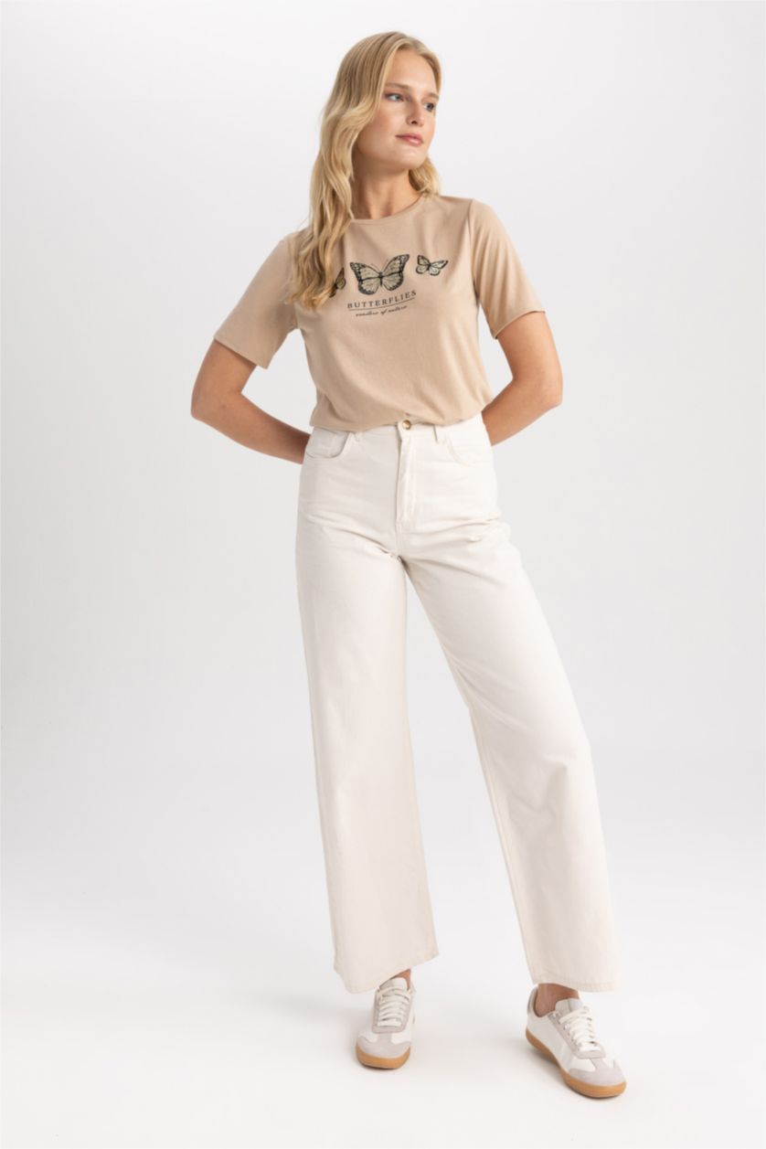 WOMAN Light Vison Traditional Regular Fit Crew Neck Butterfly Pattern Short Sleeve T-Shirt