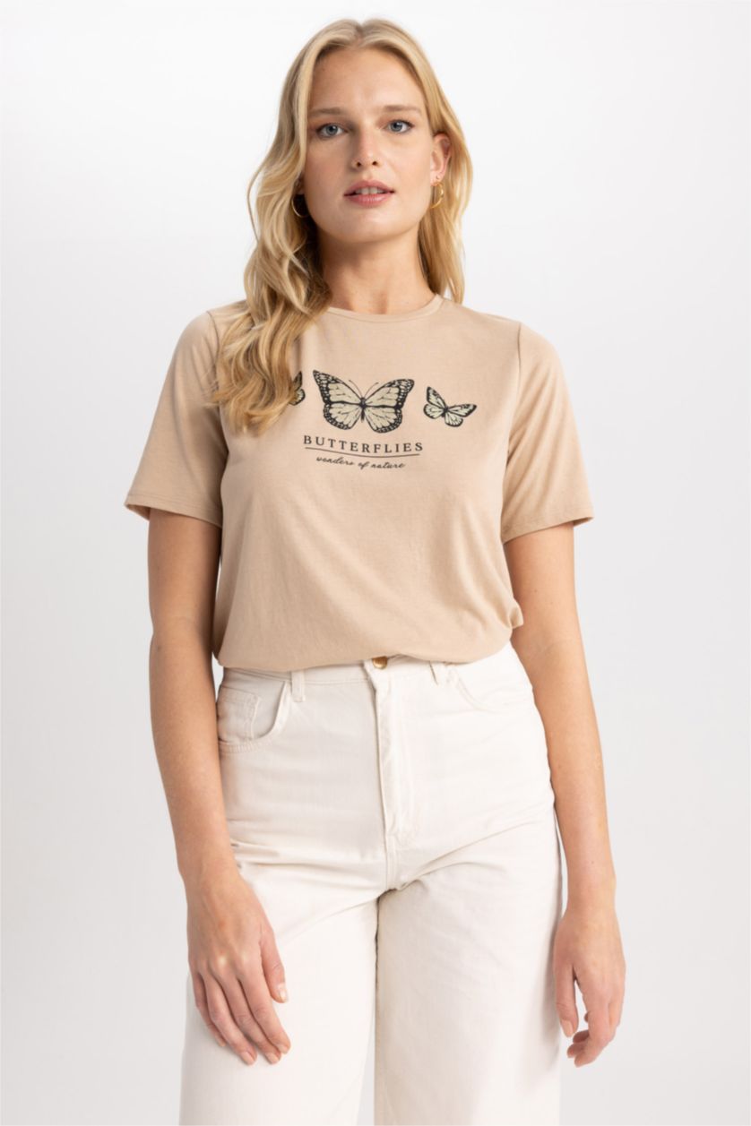 WOMAN Light Vison Traditional Regular Fit Crew Neck Butterfly Pattern Short Sleeve T-Shirt